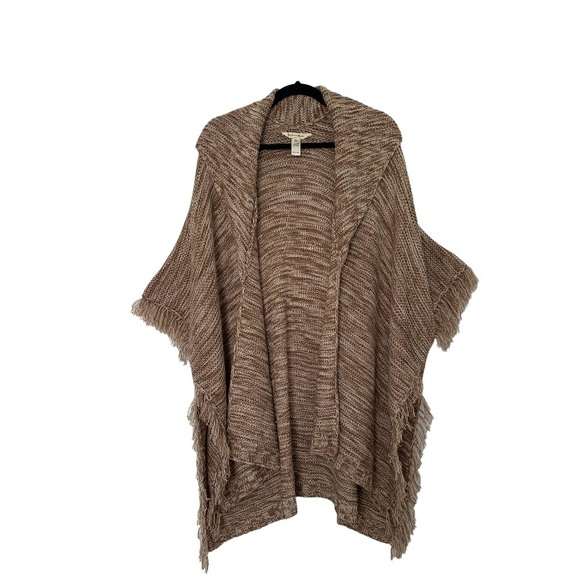 LINDA ANDERSON Women’s Tan/Ivory Fringe Sweater Knit Kimono Oversized S-L‎ - Picture 1 of 15